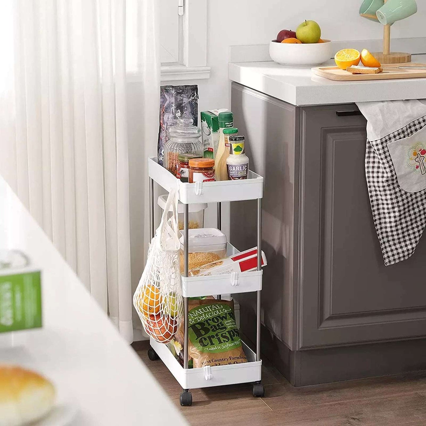 In And OutdoorMatch 3 Tier Rolling Cart Lucas - Keuken Trolley - Niche Plank - Op Wielen - Ruimtebesparend - Keuken - Plank Badkamer - Woonkamer - Kantoor - 40x22x60cm - Wit Keuken Trolley