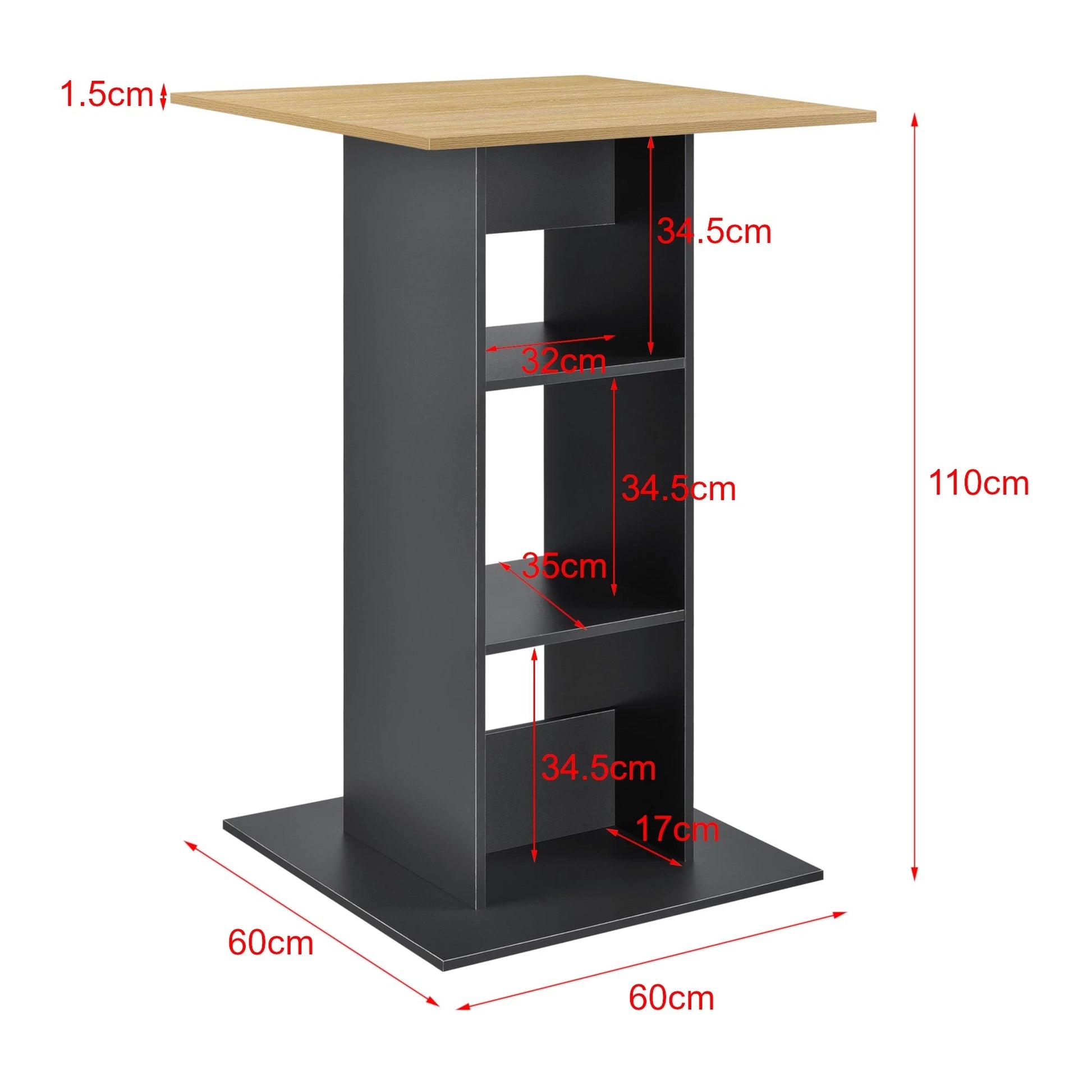 In And OutdoorMatch Bartafel Deven - Met 3 Planken - 70x70x110 cm - Donkergrijs en Houtkleurig - Spaanplaat - Modern Design Bar table