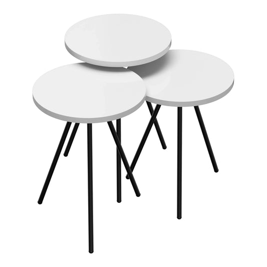 In And OutdoorMatch Bijzettafel Ekster - Set van 3 - Rond - Wit en Zwart - Spaanplaat en Metaal - Stijlvol design Bijzetttafel