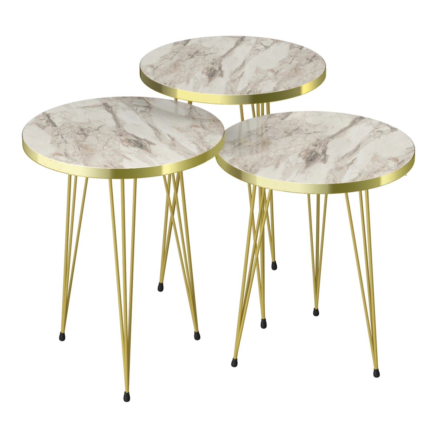 In And OutdoorMatch Bijzettafel Joffa - Set van 3 - Rond - Marmer Wit en Goud - Spaanplaat en Metaal - Stijlvol design Bijzetttafel