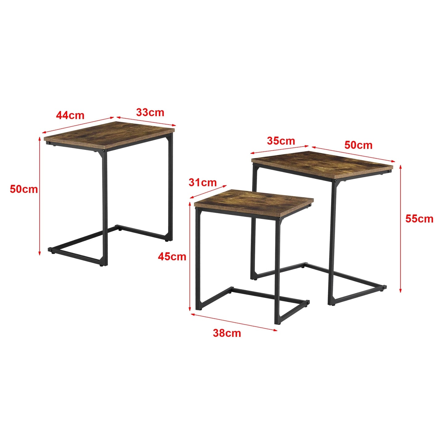 In And OutdoorMatch Bijzettafel Nick - Set van 3 - Zwart en Houtkleurig - Spaanplaat en Staal - Modern Design Bijzetttafel