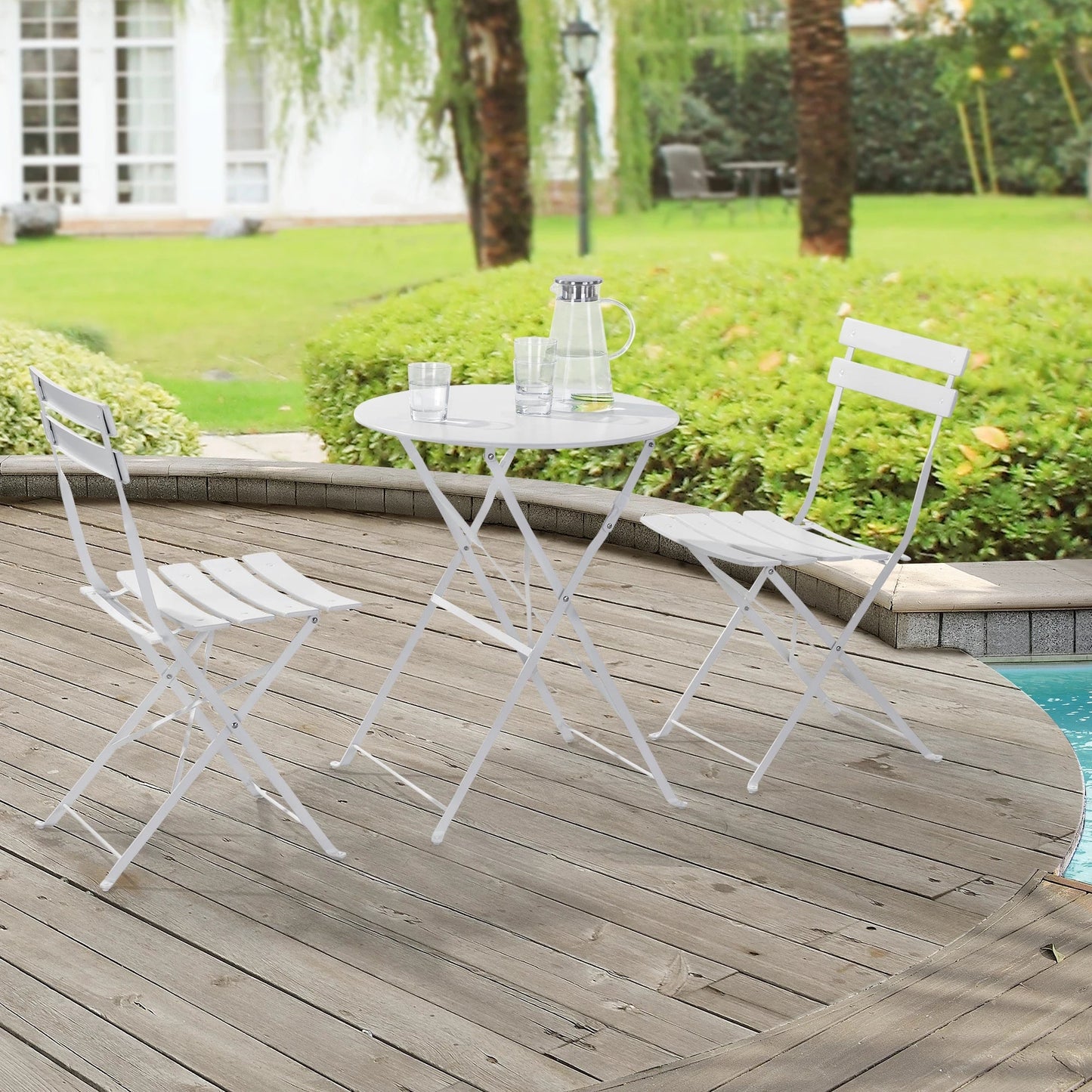 In And OutdoorMatch Bistroset Minna - Metalen Tuintafel - Met 2 Tuinstoelen - Wit - Opvouwbaar Garden set