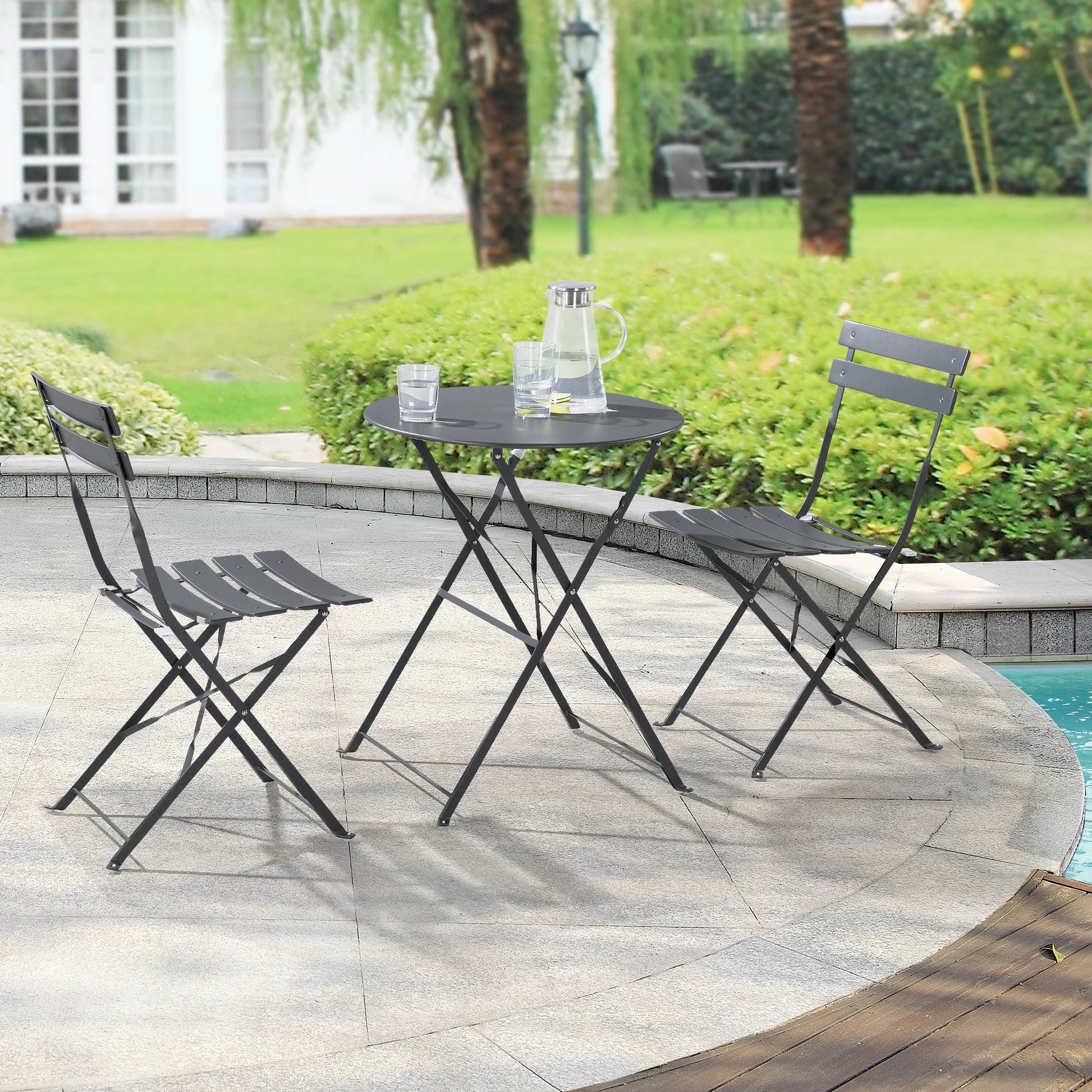 In And OutdoorMatch Bistroset Shenna - Metalen Tuintafel - Met 2 Tuinstoelen - Donkergrijs - Staal - Opvouwbaar Garden set