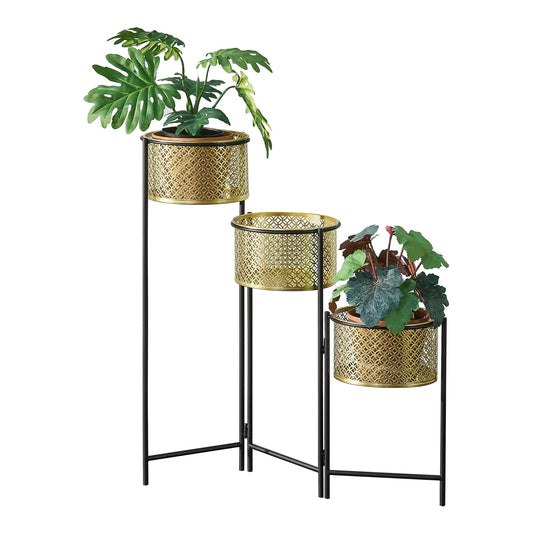 In And OutdoorMatch Bloempot Ariane - Op Standaard - 69x69x20 cm - Zwart en Messing - Metaal - 3 Bloempotten - Modern Design Flowerpot