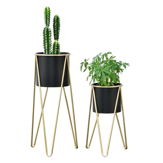 In And OutdoorMatch Bloempot Pascale - Op Standaard - Metaal - Set van 2 - Zwart en Goudkleurig - Stijlvol Design Flowerpot