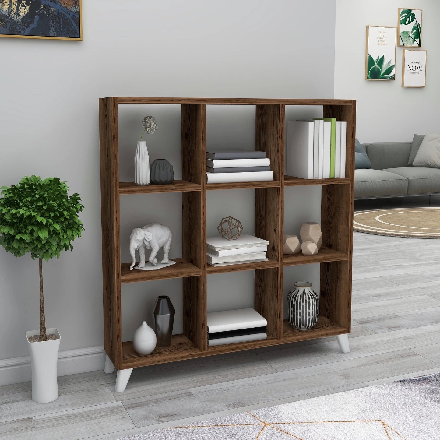 In And OutdoorMatch Boekenkast Nuni - Plank - 100x88x20cm - Eiken Antiek en Wit - Spaanplaat - 9 Open Vakken Boekenkast