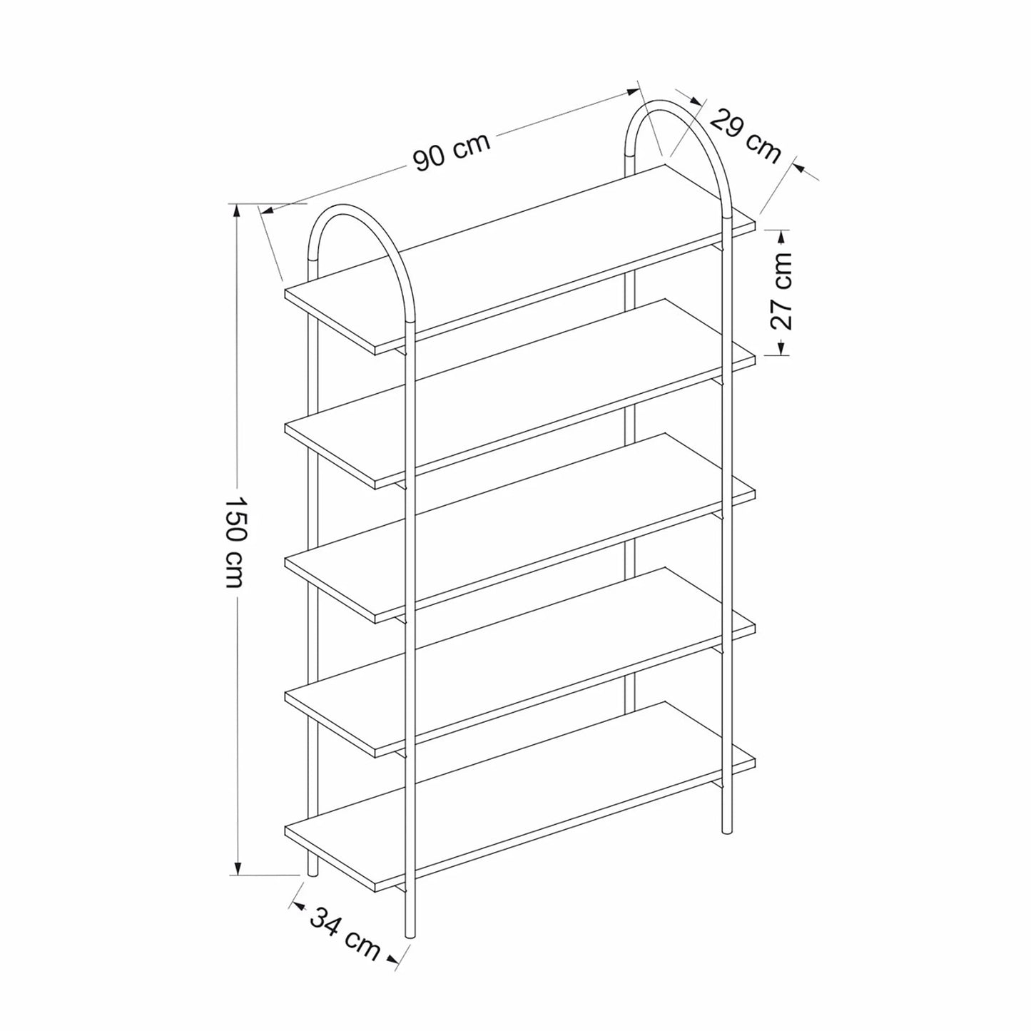 In And OutdoorMatch Boekenkast Plank Coleman - 150x90x34 cm - Zwart en Houtkleurig - Spaanplaat en Metaal - Modern Design Boekenplank