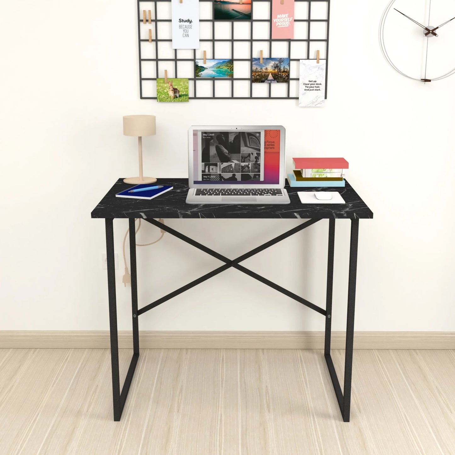 In And OutdoorMatch Bureau Mason - 75x90x60 cm - Marmer Zwart - Spaanplaat en Metaal - Stabiel Stalen Frame - Modern Design Desk