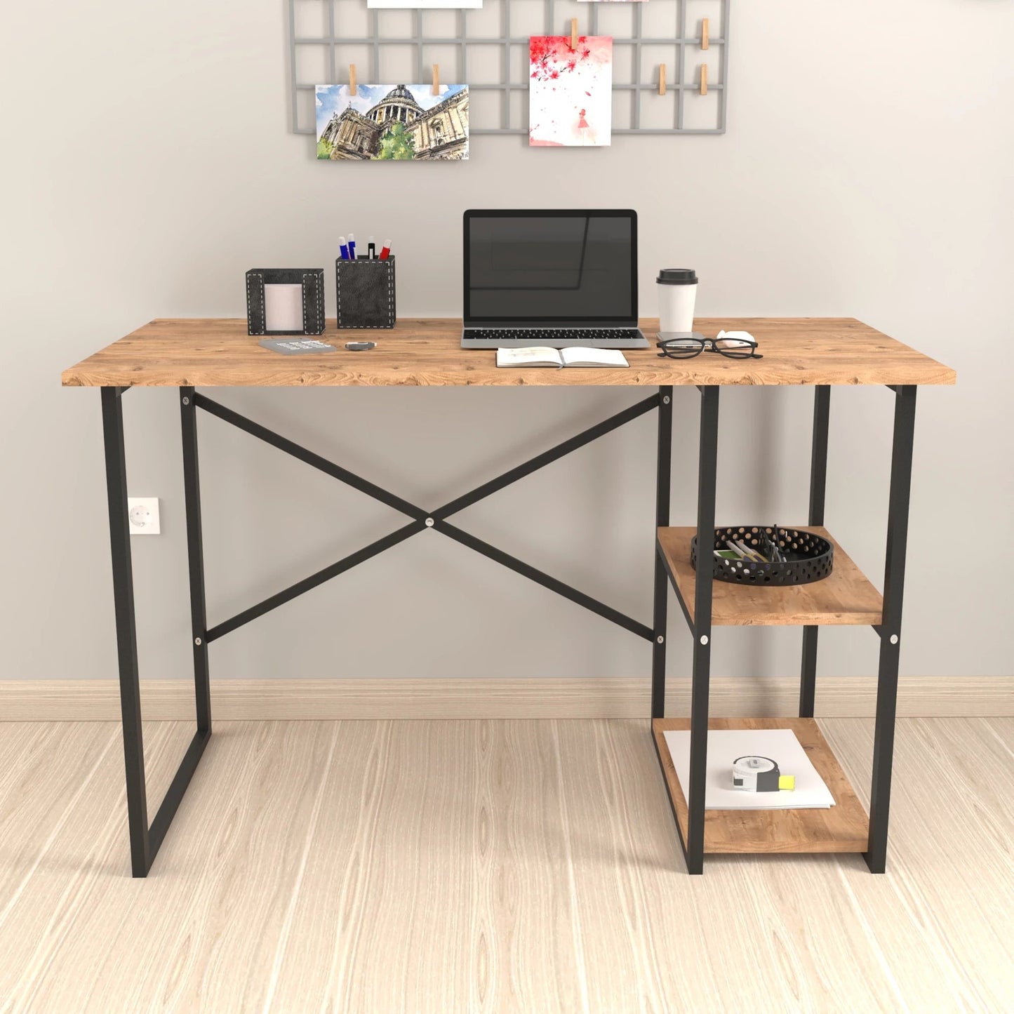 In And OutdoorMatch Desk Dublin - Laptoptafel - 75x120x60 cm - Zwart en Eiken - Spaanplaat en Metaal - Met 2 Planken - Modern Design Desk