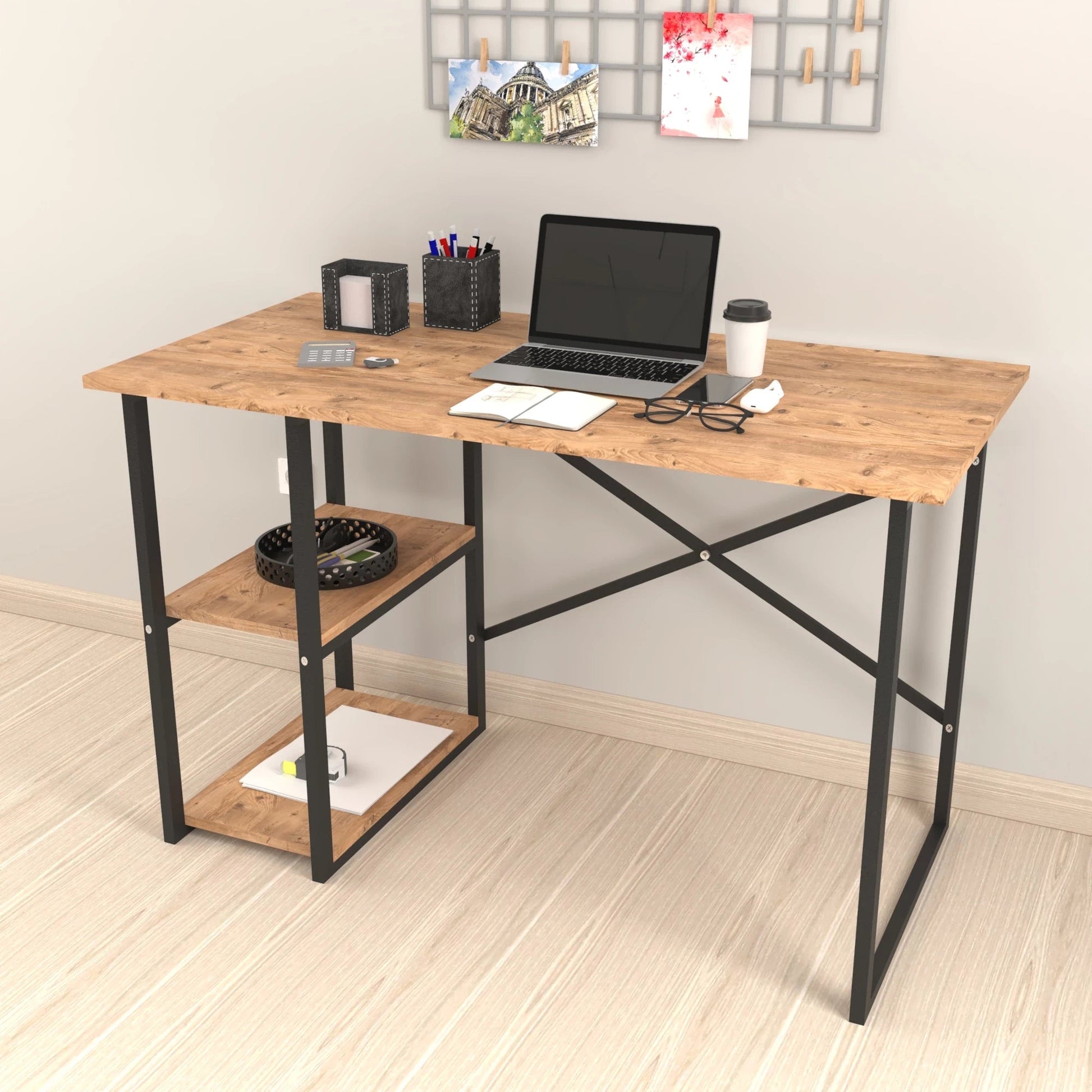 In And OutdoorMatch Desk Dublin - Laptoptafel - 75x120x60 cm - Zwart en Eiken - Spaanplaat en Metaal - Met 2 Planken - Modern Design Desk