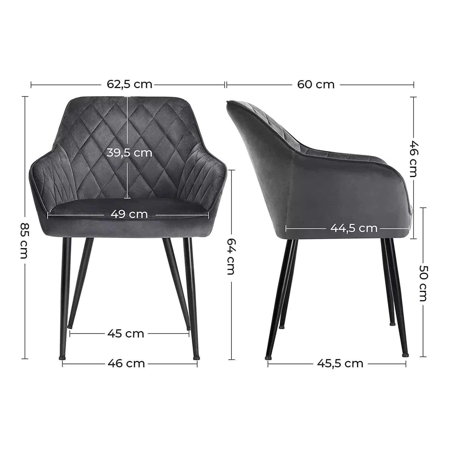 In And OutdoorMatch Eetkamerstoel Mittie - Fauteuil - Met Armleuningen - Zitbreedte 49 cm - Metalen poten - Fluwelen bekleding - Draagvermogen tot 110 kg - Grijs Eetkamerstoel