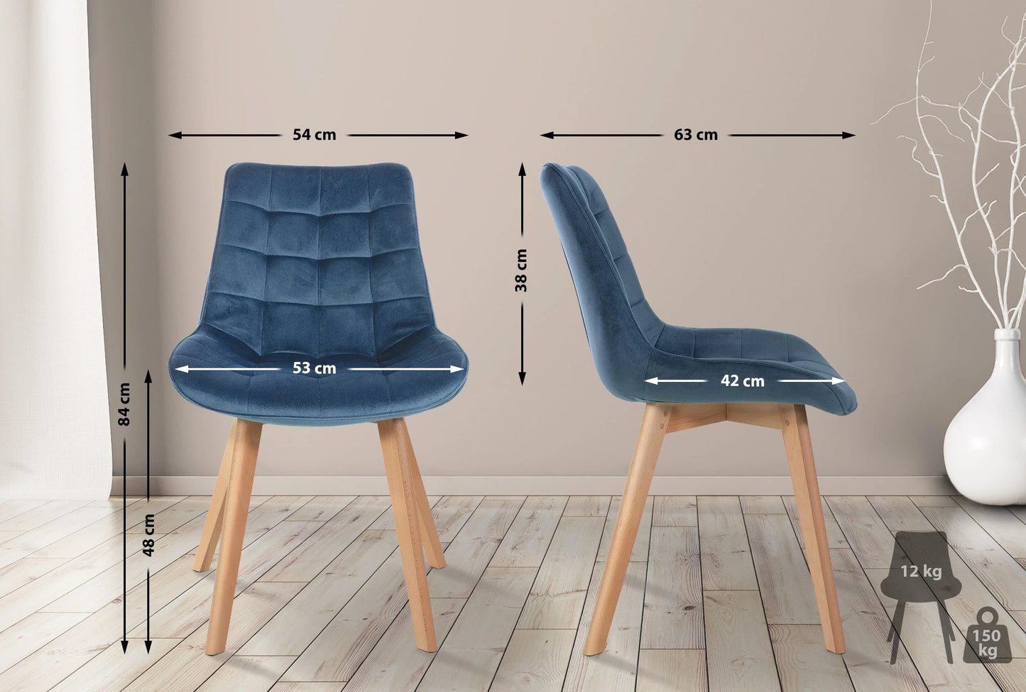 In And OutdoorMatch Eetkamerstoelen Jaimie - Blauw - Set van 2 - Fluweel - Hoge kwaliteit bekleding - Deluxe Eetkamerstoelen - Exclusieve Look Eetkamerstoel