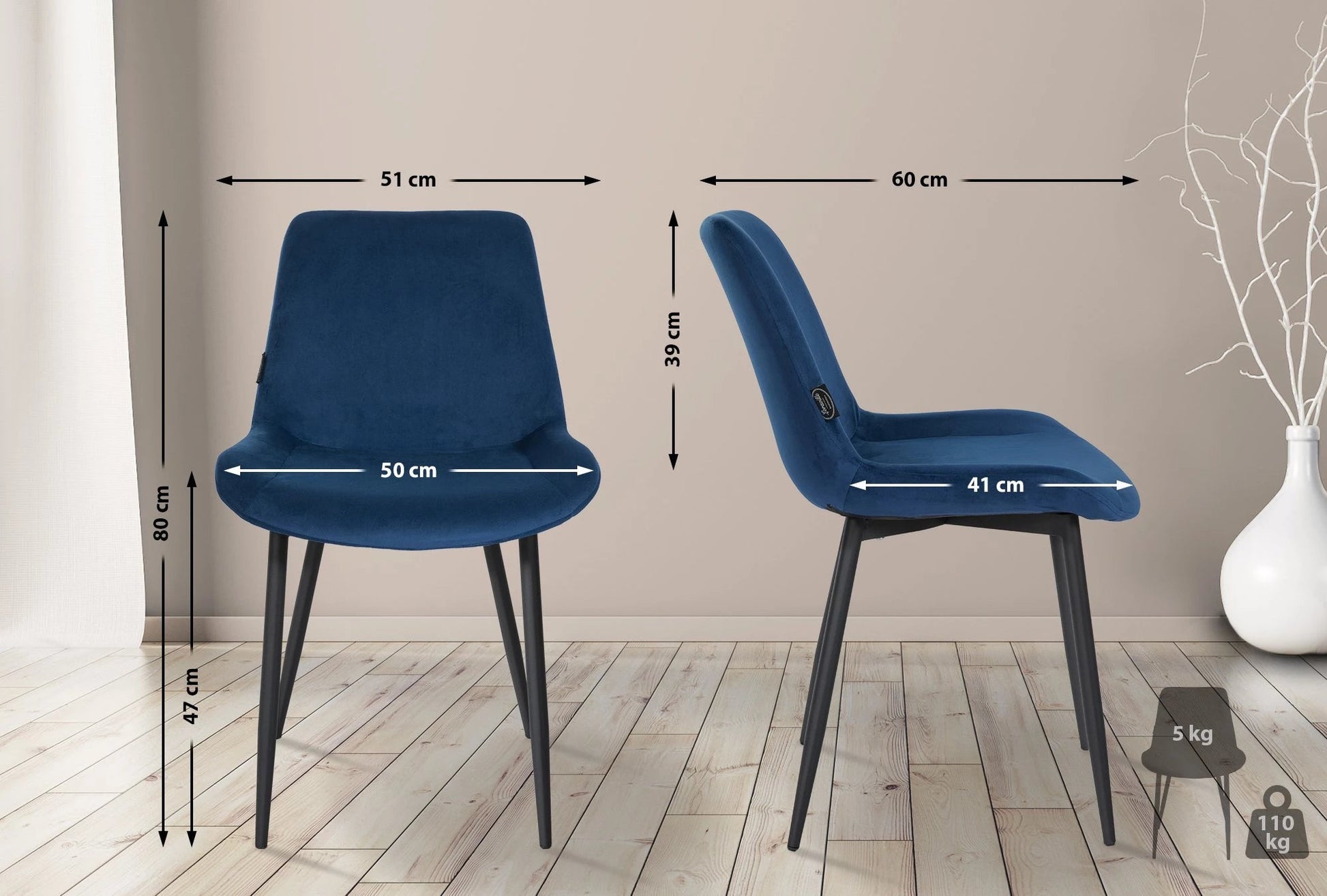 In And OutdoorMatch Eetkamerstoelen Kelli - Blauw - Set van 4 - Fluweel - Hoge kwaliteit bekleding - Deluxe Eetkamerstoelen - Stijlvolle uitstraling Eetkamerstoel