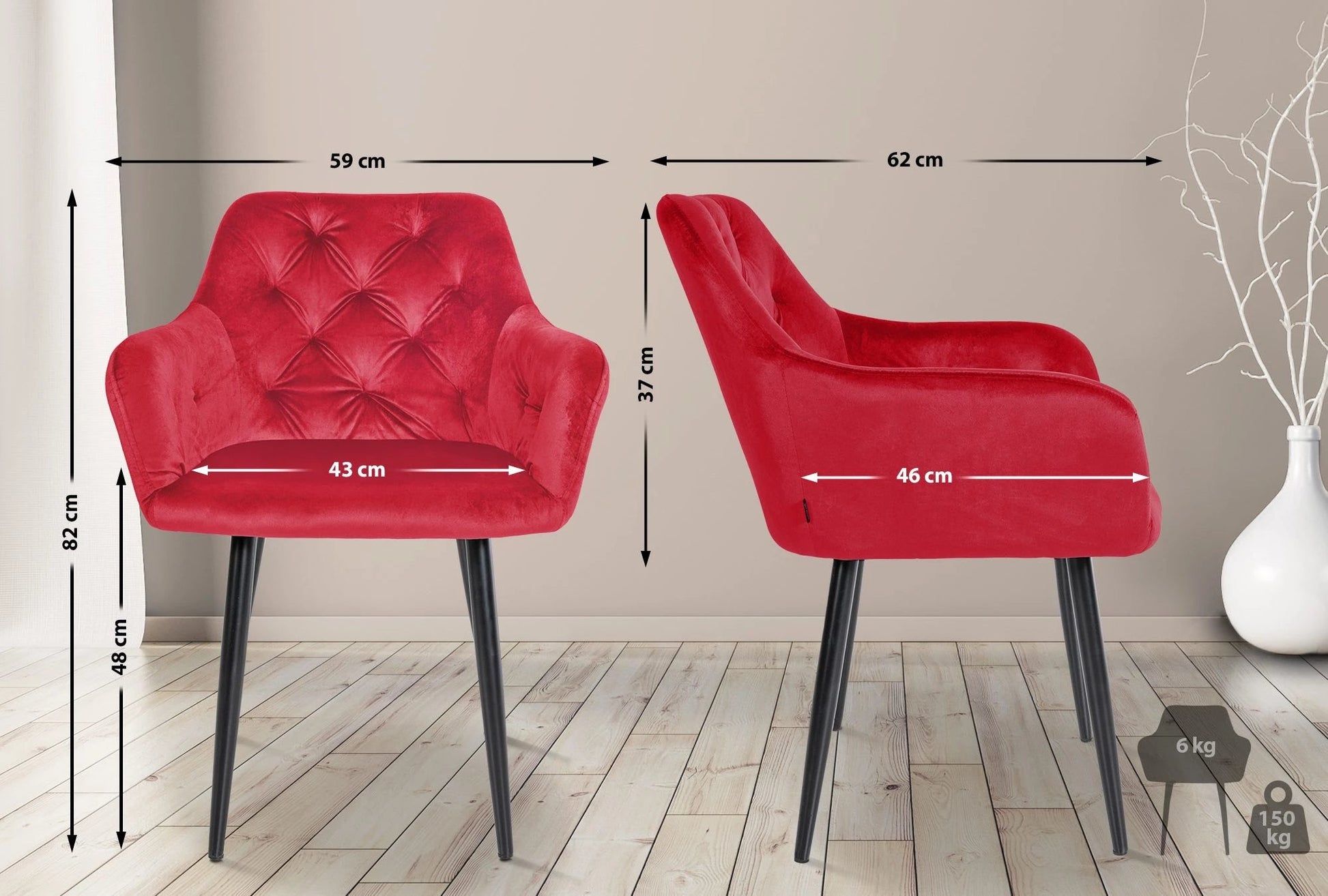 In And OutdoorMatch Eetkamerstoelen Madison - Rood - Set van 2 - Fluweel - Hoogwaardige bekleding - Stijlvolle eetkamerstoelen - Luxe uitstraling Eetkamerstoel