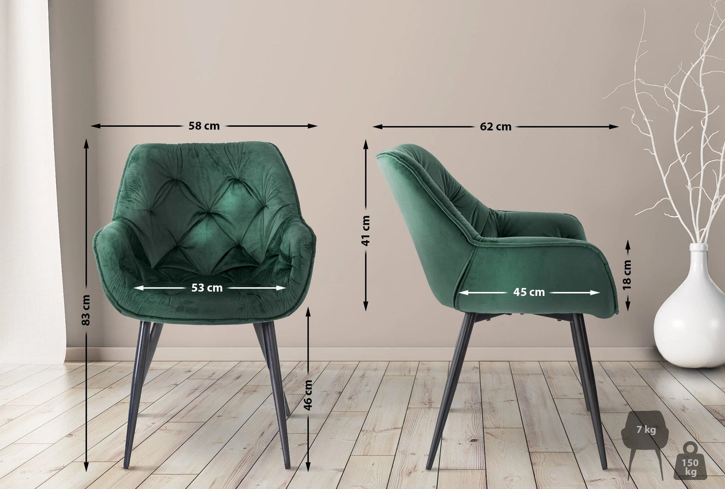 In And OutdoorMatch Eetkamerstoelen Sydnie - Groen - Set van 2 - Fluweel - Hoogwaardige bekleding - Luxe eetkamerstoel - Stijlvolle uitstraling Eetkamerstoel