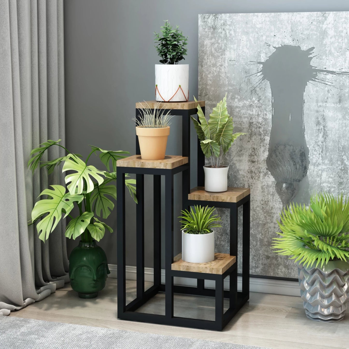 In And OutdoorMatch Elegante Plant Standaard Ivo - 67x34x34 cm - Zwart en Houtkleurig - Praktisch - 4 Planken Bijzetttafel