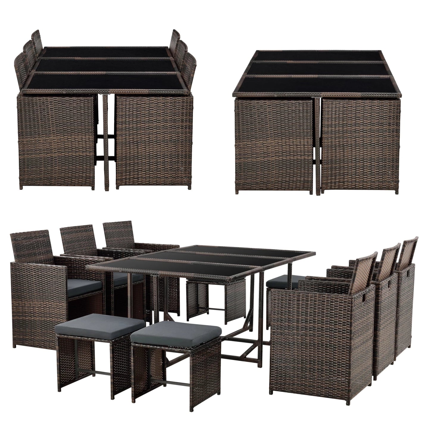 In And OutdoorMatch Elegante Tuinset Alba - 11-delig - Loungeset - Bruin Gemêleerd - Staal - Tempered Glass - Stof - Weerbestendig - Garden set