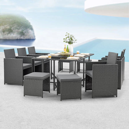 In And OutdoorMatch Elegante Tuinset Hella - 11-delig - Loungeset - Donkergrijs - Staal - Tempered Glass - Stof - Weerbestendig - Garden set