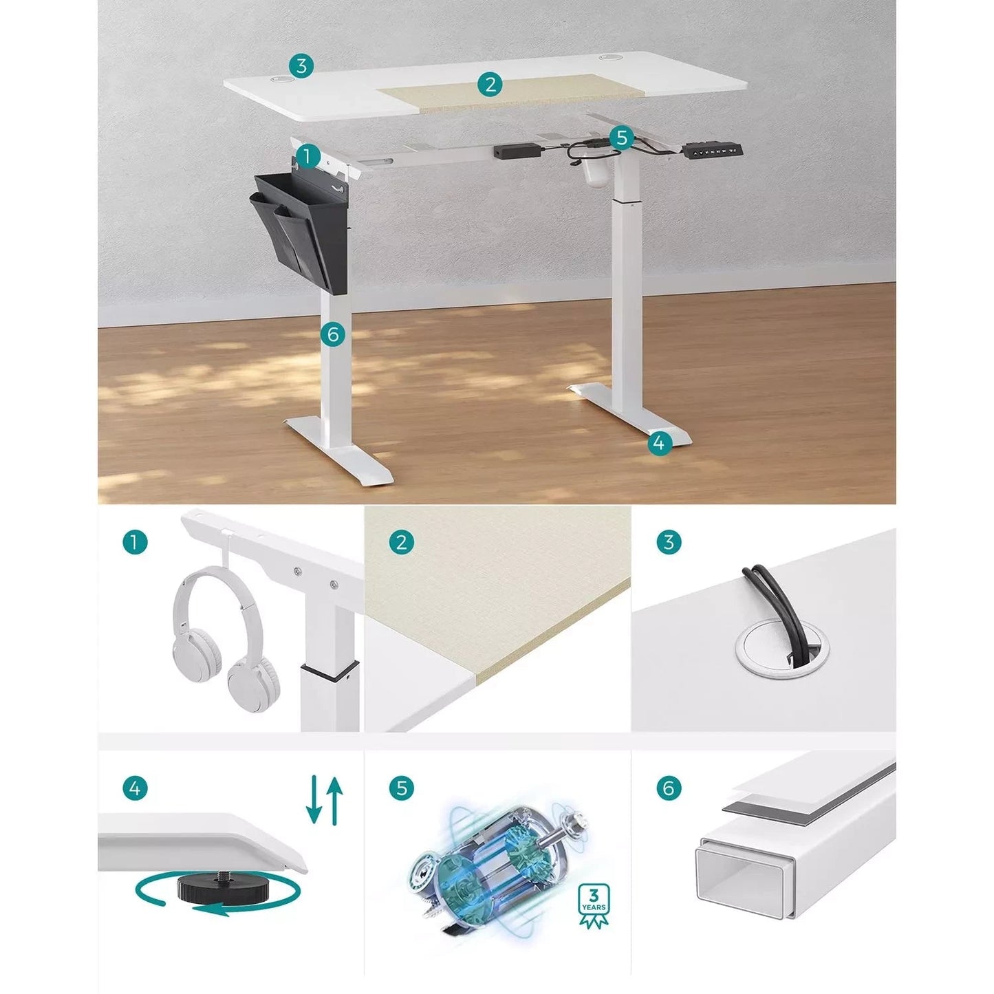 In And OutdoorMatch In Hoogte Verstelbare Bureau Fabiola - Elektrisch - Traploos Verstelbaar - Gedeeld Werkblad - 4 Opberghoogtes - Stoffen Tas - 120x60x(72-120)cm - Gemaakt van Staal - Wit Desk