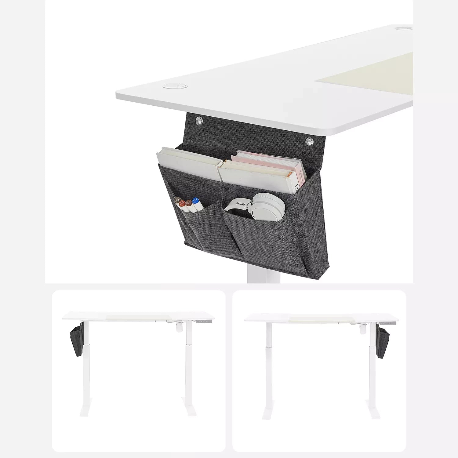 In And OutdoorMatch In Hoogte Verstelbare Bureau Fabiola - Elektrisch - Traploos Verstelbaar - Gedeeld Werkblad - 4 Opberghoogtes - Stoffen Tas - 120x60x(72-120)cm - Gemaakt van Staal - Wit Desk