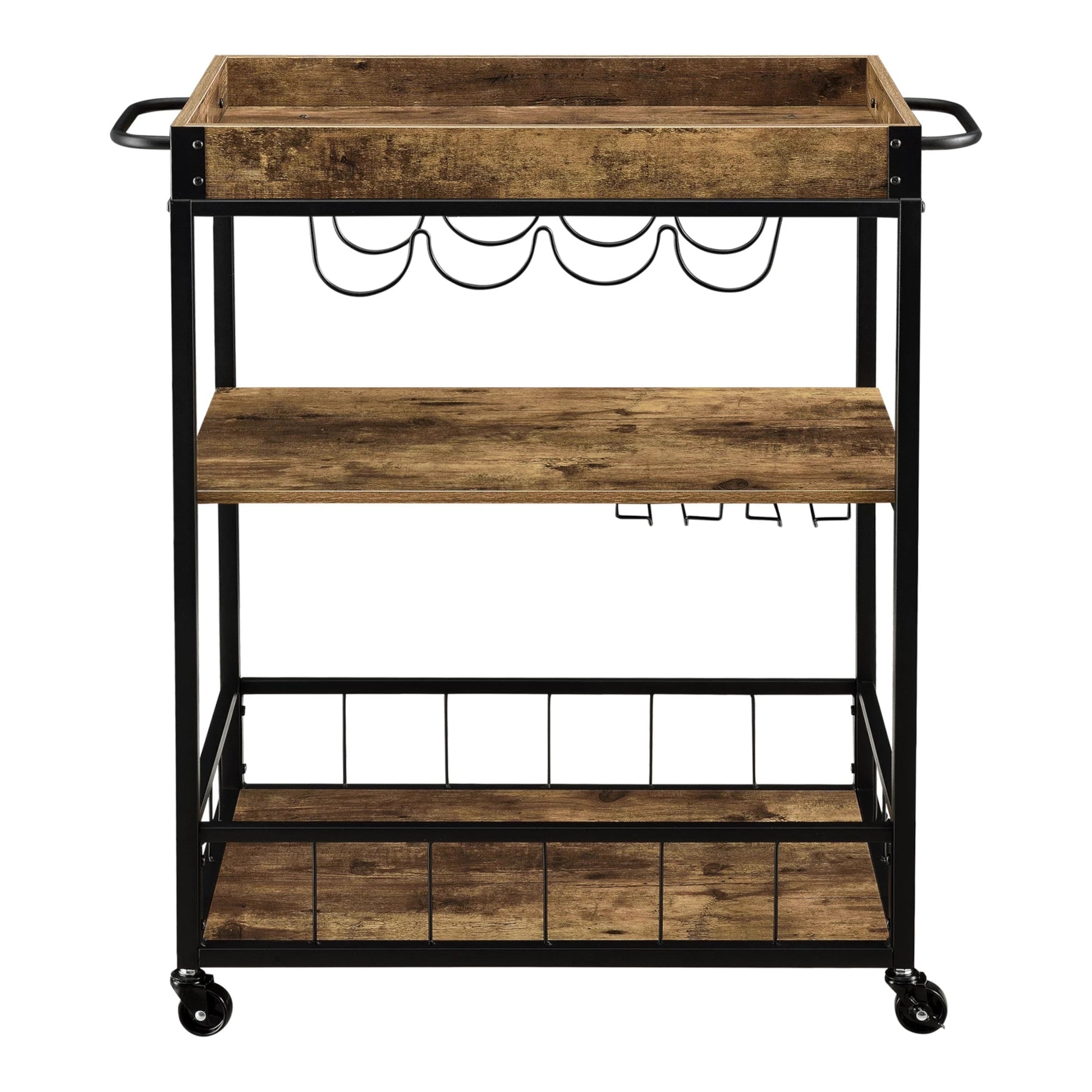 In And OutdoorMatch Keukentrolley Ciara - Met Wijnrek en Wijnglashouder - 89.5x67x40 cm - Donker Houtkleurig en Zwart - Spaanplaat Keuken Trolley