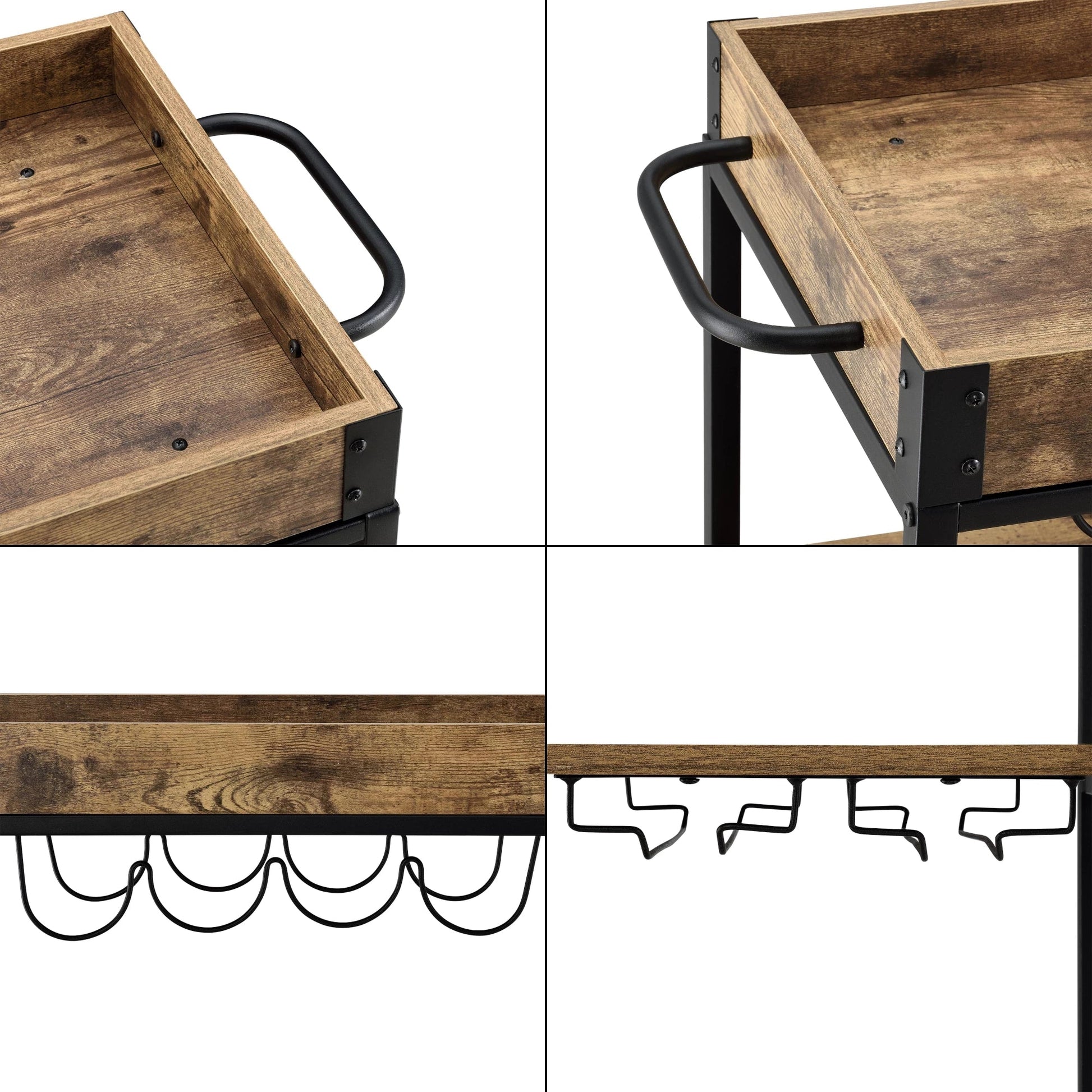 In And OutdoorMatch Keukentrolley Ciara - Met Wijnrek en Wijnglashouder - 89.5x67x40 cm - Donker Houtkleurig en Zwart - Spaanplaat Keuken Trolley