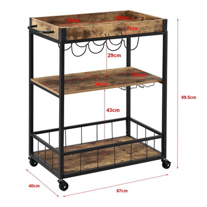 In And OutdoorMatch Keukentrolley Ciara - Met Wijnrek en Wijnglashouder - 89.5x67x40 cm - Donker Houtkleurig en Zwart - Spaanplaat Keuken Trolley