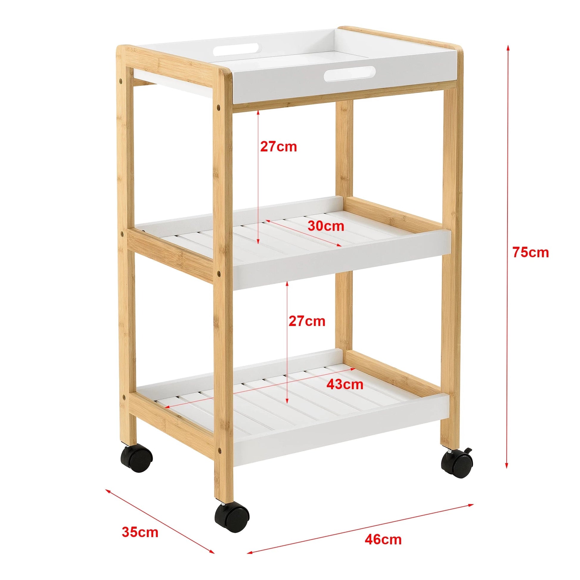 In And OutdoorMatch Keukentrolley Jamison - Met 3 Planken - 75x46x35 - Houtkleurig en Wit - Bamboe, MDF en Kunststof - Stijlvol Design Keuken Trolley