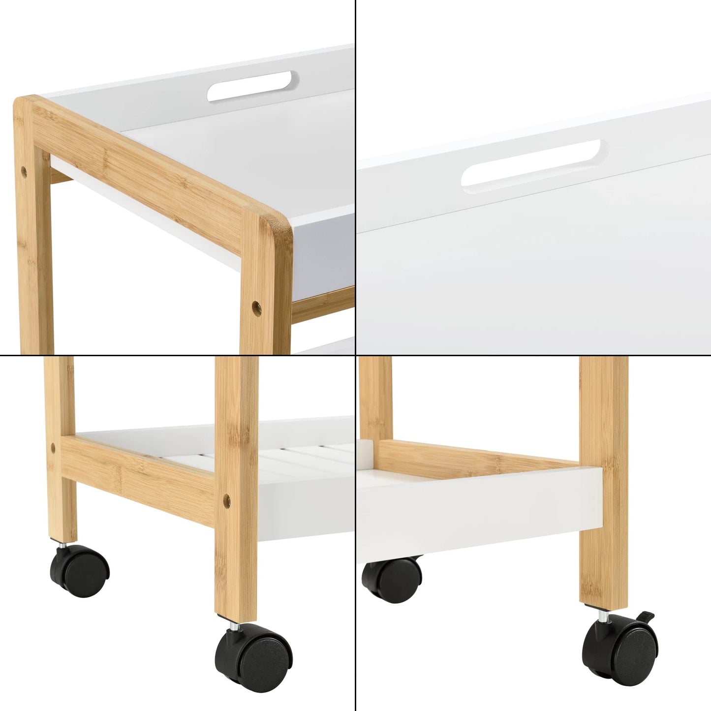 In And OutdoorMatch Keukentrolley Jamison - Met 3 Planken - 75x46x35 - Houtkleurig en Wit - Bamboe, MDF en Kunststof - Stijlvol Design Keuken Trolley