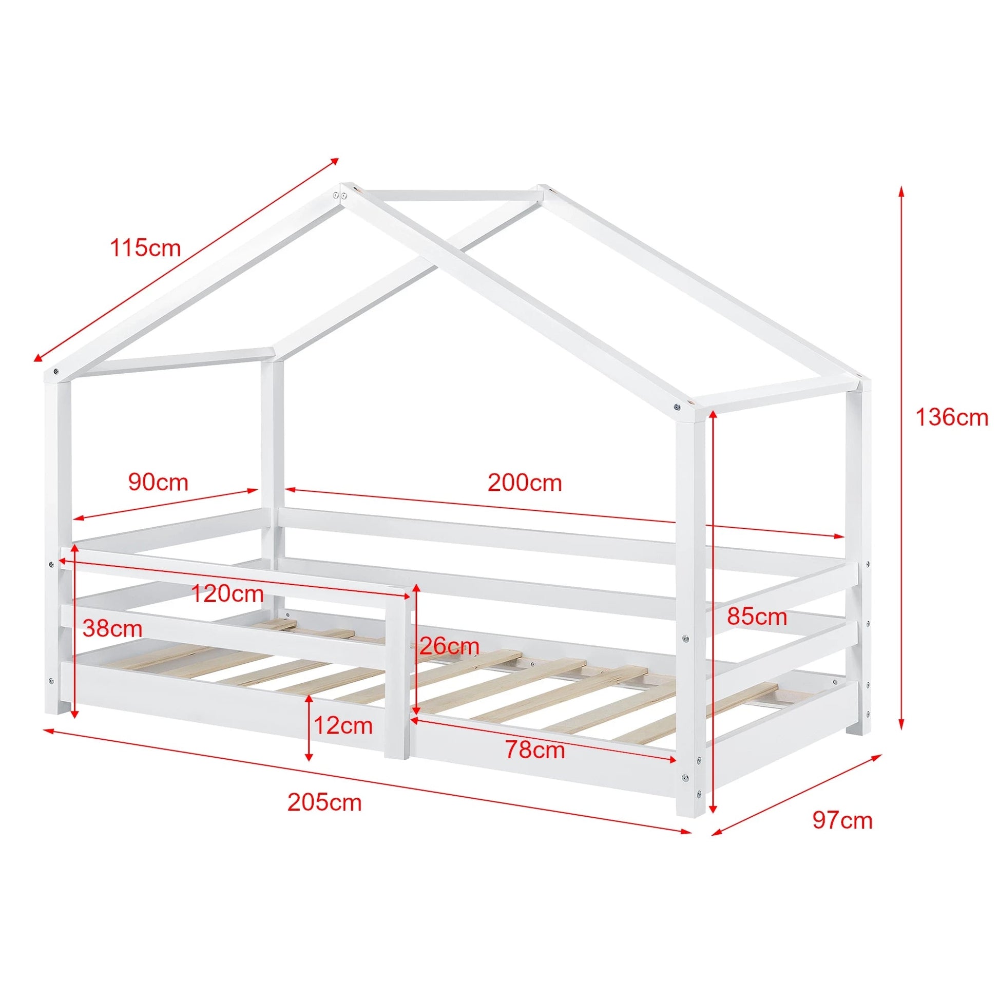 In And OutdoorMatch Kinderbed Enola - Huisbed - Met valbeveiliging - 90x200 - Wit - Grenen - Voor meisjes - Voor jongens - Voor kinderen Kinder bedden