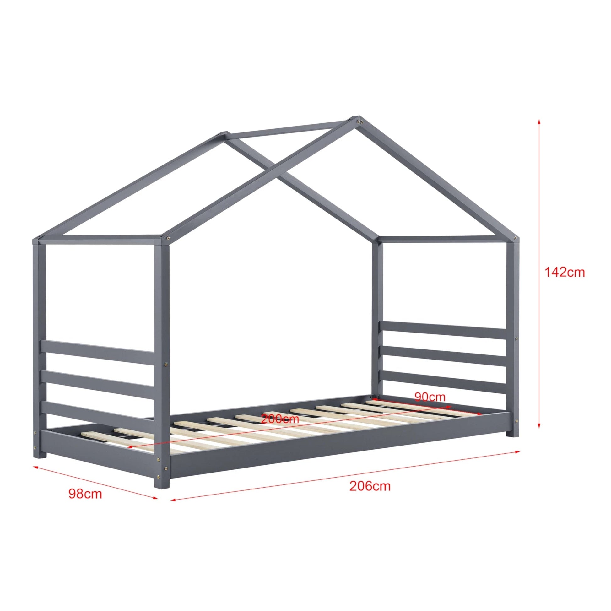 In And OutdoorMatch Kinderbed Jay - Huisbed - Met bedbodem - 90x200cm - Voor meisjes - Voor jongens - Voor kinderen - Donkergrijs Kinder bedden