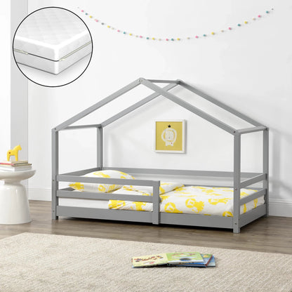 In And OutdoorMatch Kinderbed Toni - Grenen - Huisbed - Met matras en valbescherming - 70x140 cm - Lichtgrijs - Voor meisjes - Voor jongens - Voor kinderen Kinder bedden