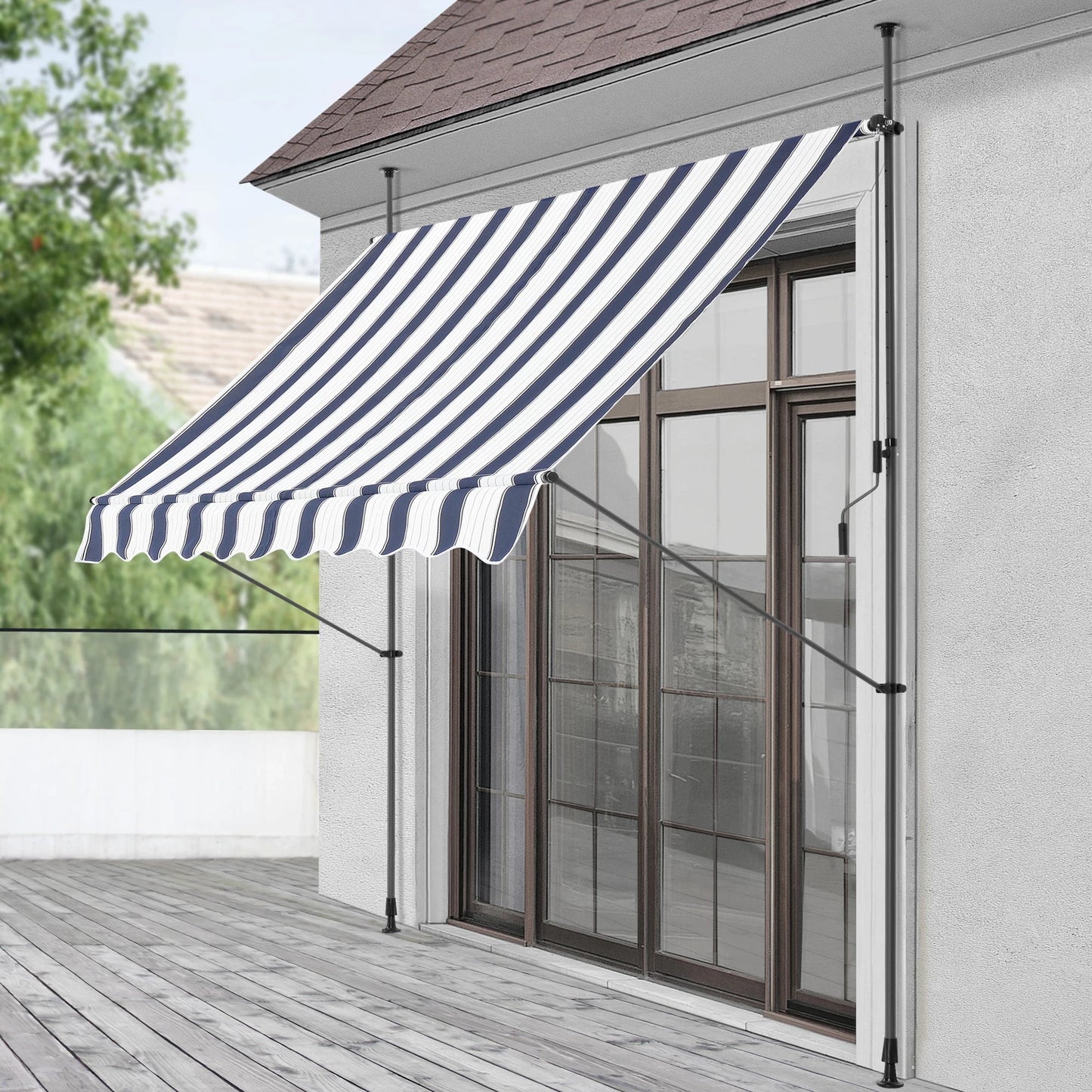 In And OutdoorMatch Klemluifel Tobi - Uitschuifbare Luifel - Donkerblauw en Wit - 350x120 cm - Staal en Stof - Waterafstotend - UV Bescherming Sunshade