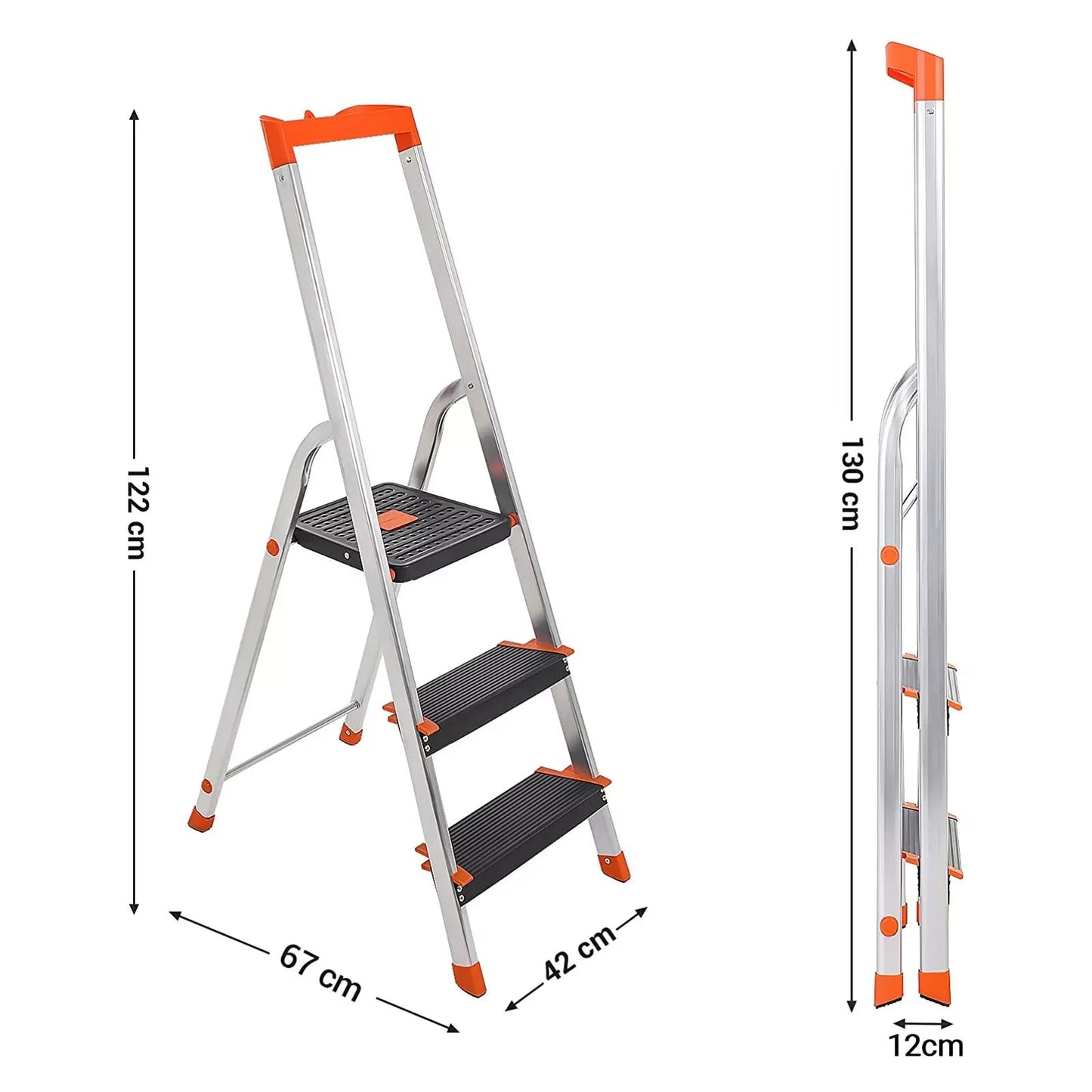 In And OutdoorMatch Ladder Arnold - Met 3 treden - Aluminium ladder - 12 cm brede treden - Met ribbels - Antislipvoetjes - Met leuning - Gereedschapsbak - Max. draagvermogen 150 kg - Getest door TV Rheinland - Zilver Ladder