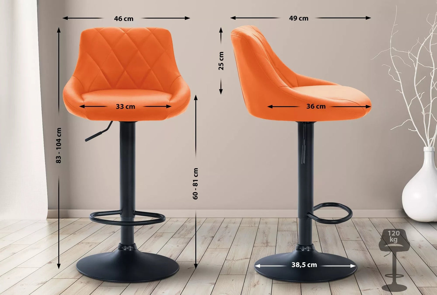 In And OutdoorMatch Leren barkruk Adele - Oranje zwart - Zithoogte 60-81 cm - Ergonomische barstoelen - In hoogte verstelbaar - Set van 1 - Met rugleuning - Voor keuken en bar Barkrukken / hocker