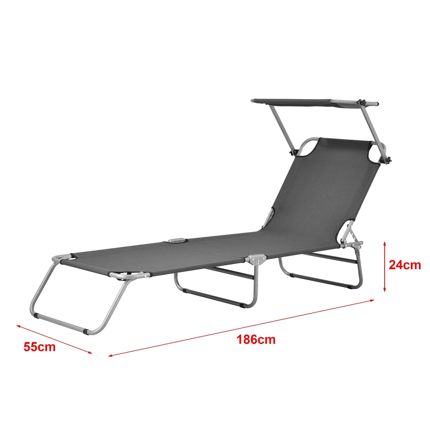 In And OutdoorMatch Ligbed Bobby - Met Luifel - 186x55x24 cm - Donkergrijs - Verstelbare Luifel Lounge stoel