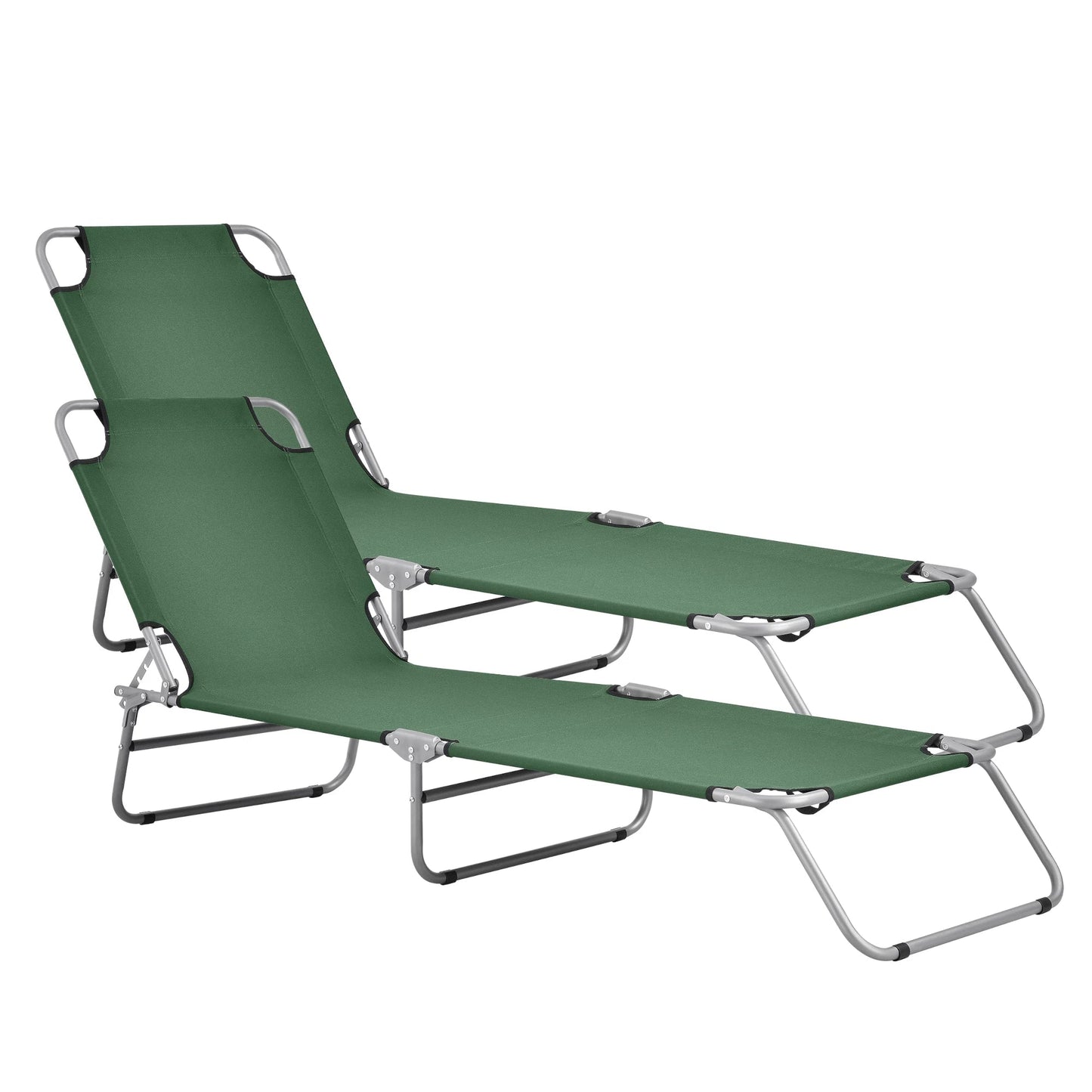 In And OutdoorMatch Ligbed Jany - Ligbed - Set van 2 - 186x55x24 cm - Donkergroen en Zilver - Staal en Stof - Opvouwbaar en Ruimtebesparend Lounge stoel