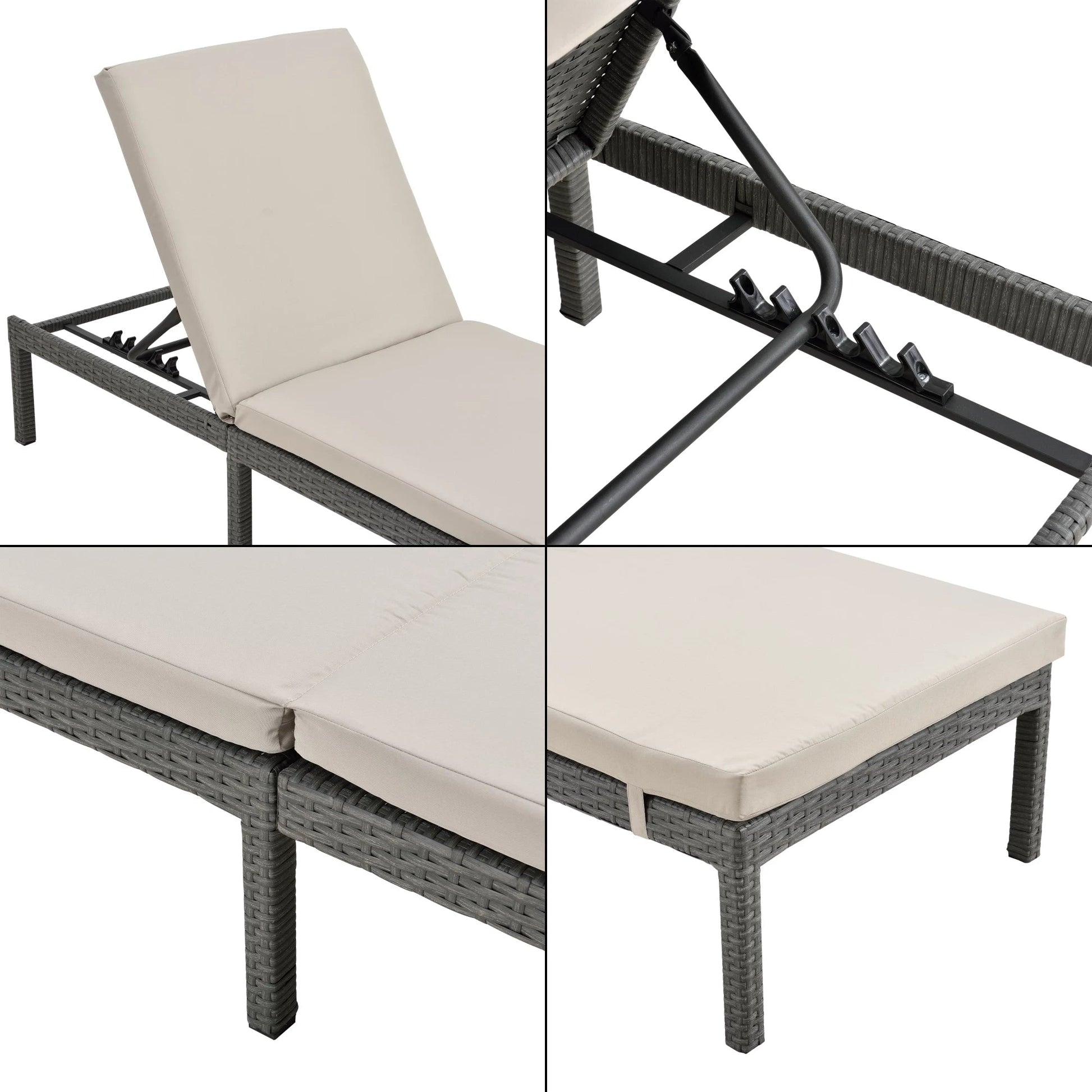 In And OutdoorMatch Ligbed Myles - Ligbed - Zonnebed - 198x60x27 cm - Beige en Dakr Grey - Staal, Polyrattan en Stof - Verstelbare rugleuning Lounge stoel