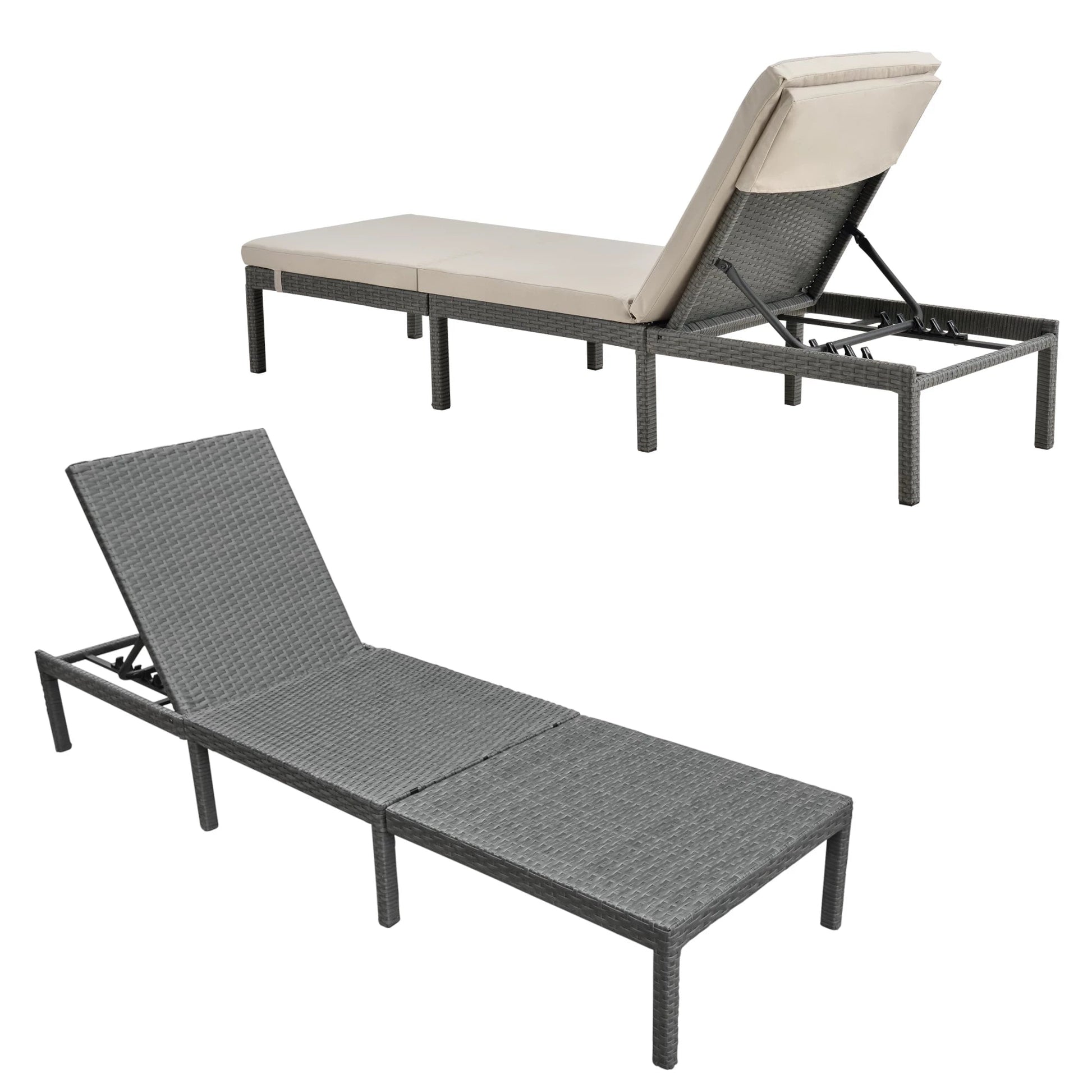 In And OutdoorMatch Ligbed Myles - Ligbed - Zonnebed - 198x60x27 cm - Beige en Dakr Grey - Staal, Polyrattan en Stof - Verstelbare rugleuning Lounge stoel