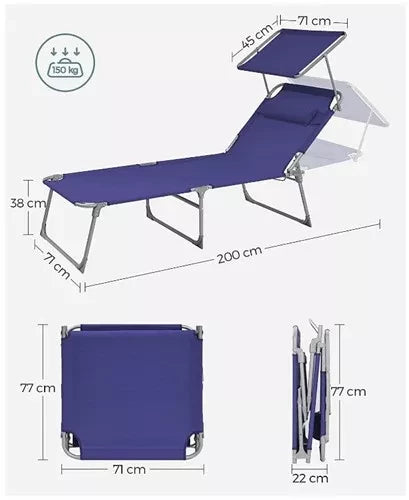 In And OutdoorMatch Ligstoel Danika - Zonnebed - Met zonnescherm - Ligbed tuin - Blauw - Loungebank - 200x71x38cm Lounge stoel