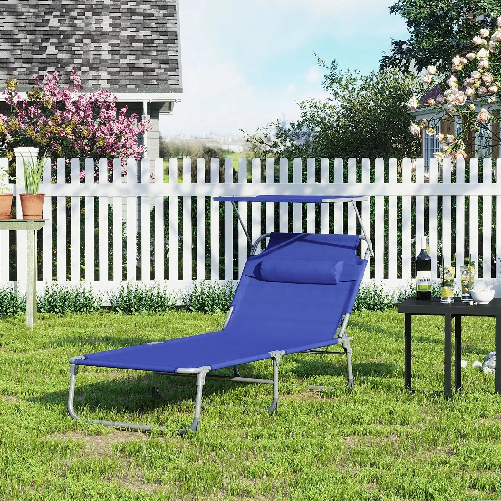 In And OutdoorMatch Ligstoel Danika - Zonnebed - Met zonnescherm - Ligbed tuin - Blauw - Loungebank - 200x71x38cm Lounge stoel