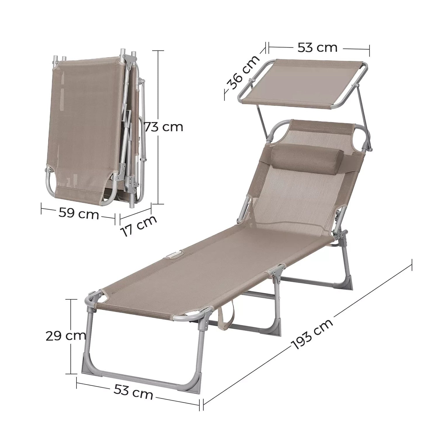 In And OutdoorMatch Ligstoel Zack - Ligstoel - Tuinligstoel - Met Hoofdsteun - Zonneluifel - Verstelbare Rugleuning - Lichtgewicht - Opvouwbaar - 53x193x29,5cm - Draagvermogen tot 150 kg - Tuin - Balkon - Beige Lounge stoel