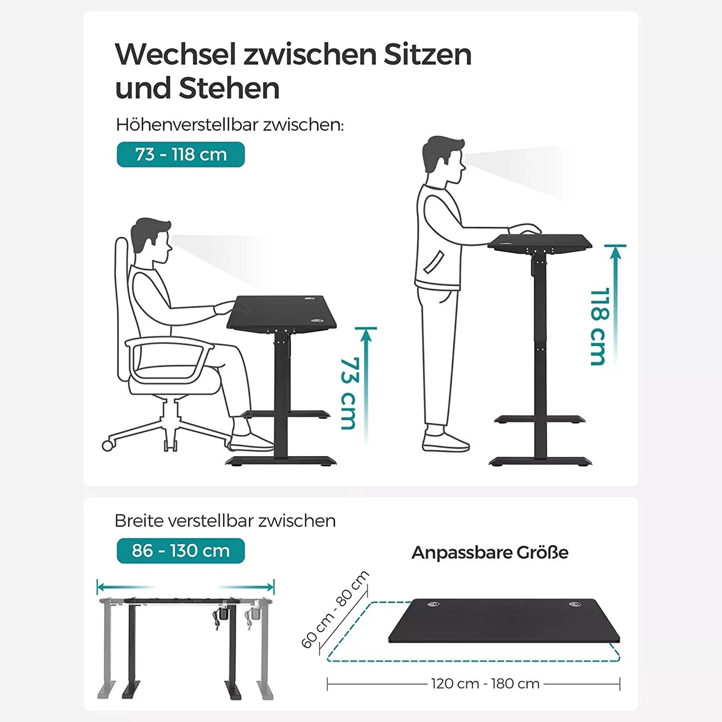 In And OutdoorMatch Luxe Elektrisch Bureau Collin - Zit-sta bureau - Zwart - Memory functie met 3 hoogtes - In hoogte verstelbaar 71-117cm - 80kg draagvermogen - 60x120cm Desk