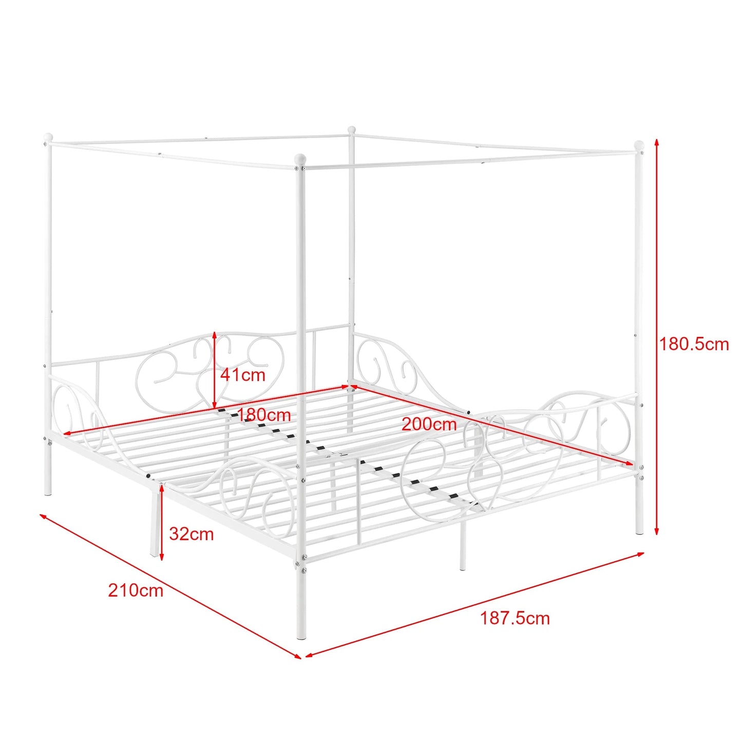 In And OutdoorMatch Metalen Hemelbed Bailee - Met Bedbodem - 180x200 cm - Wit - Stabiel Frame - Minimalistisch Design bed twee personen