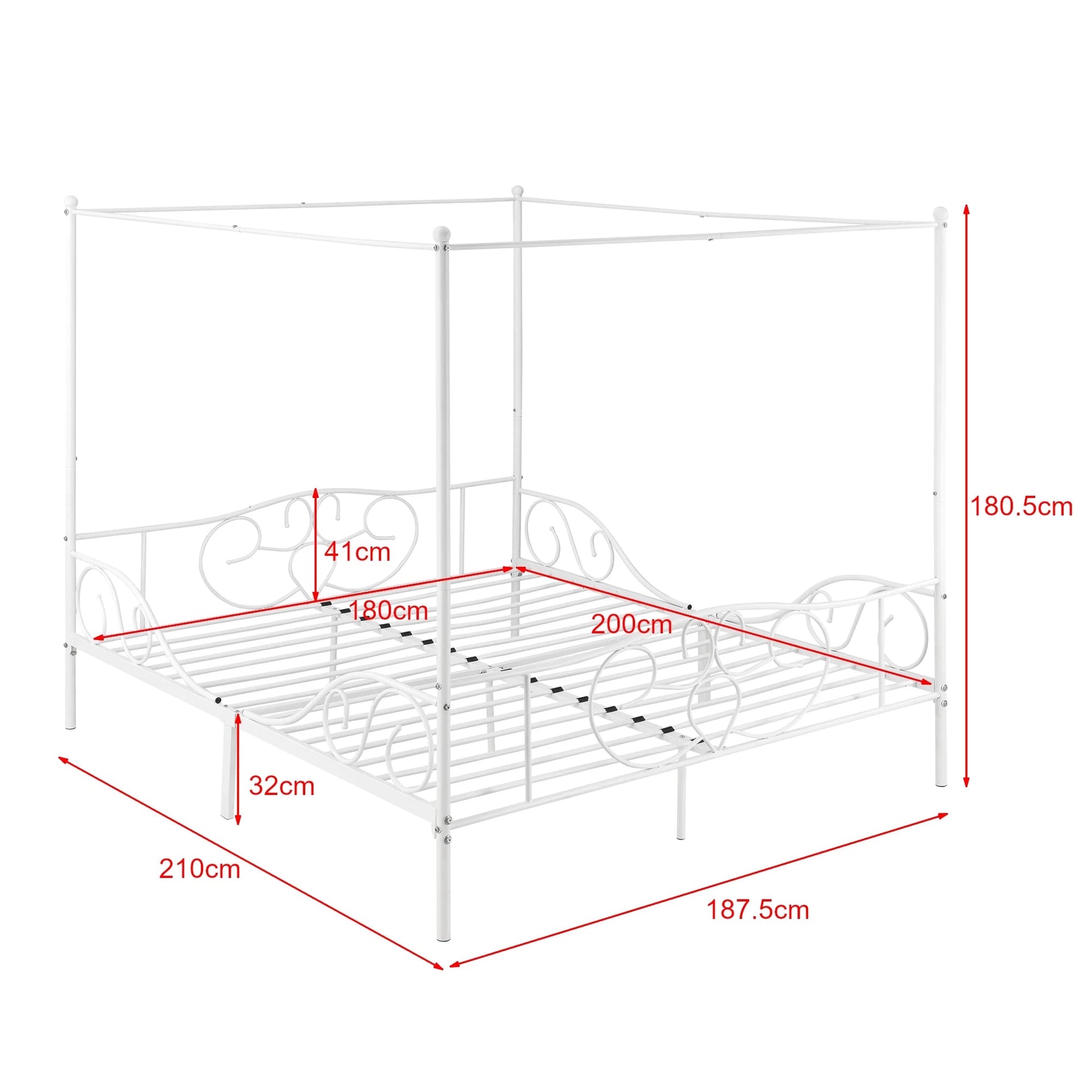 In And OutdoorMatch Metalen Hemelbed Bailee - Met Bedbodem - 180x200 cm - Wit - Stabiel Frame - Minimalistisch Design bed twee personen