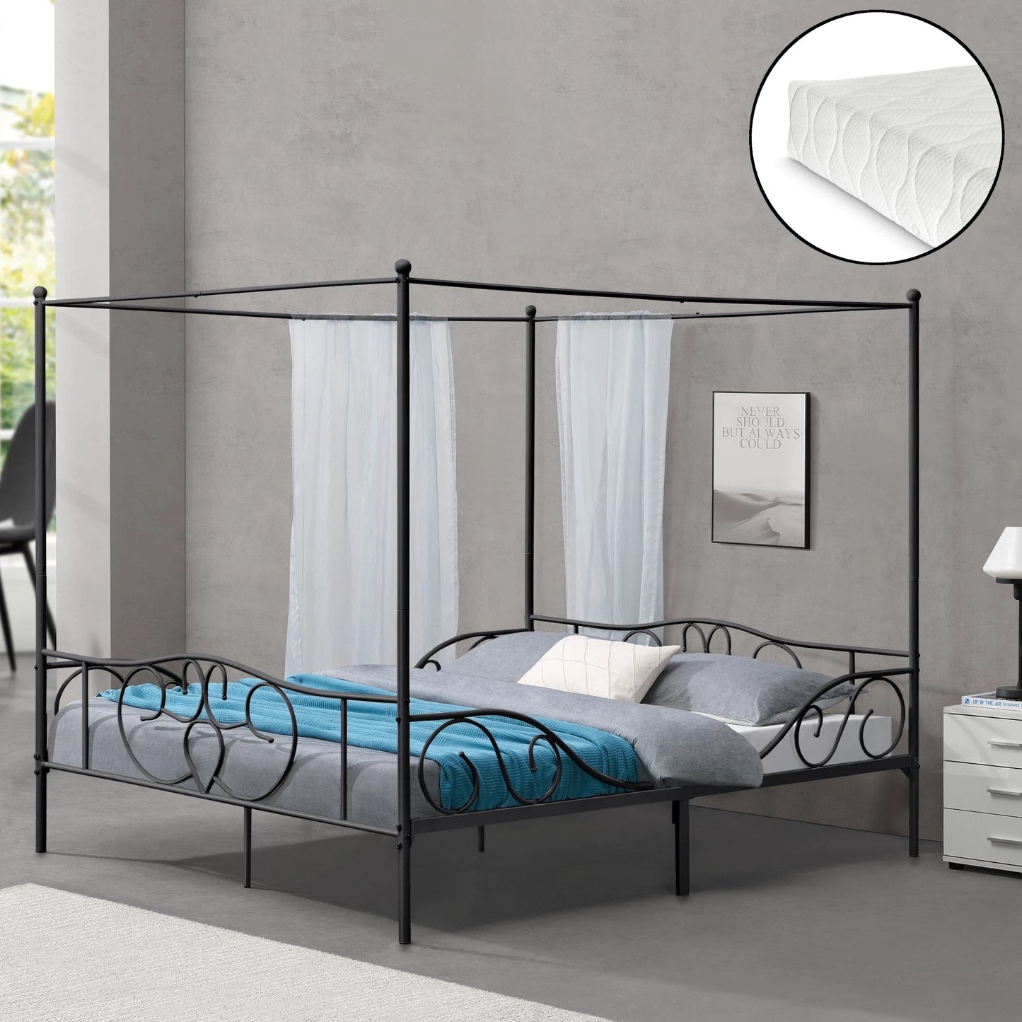 In And OutdoorMatch Metalen Hemelbed Ruben - Met Bedbodem en Matras - 180x200 cm - Zwart - Stabiel Frame - Minimalistisch Design bed twee personen