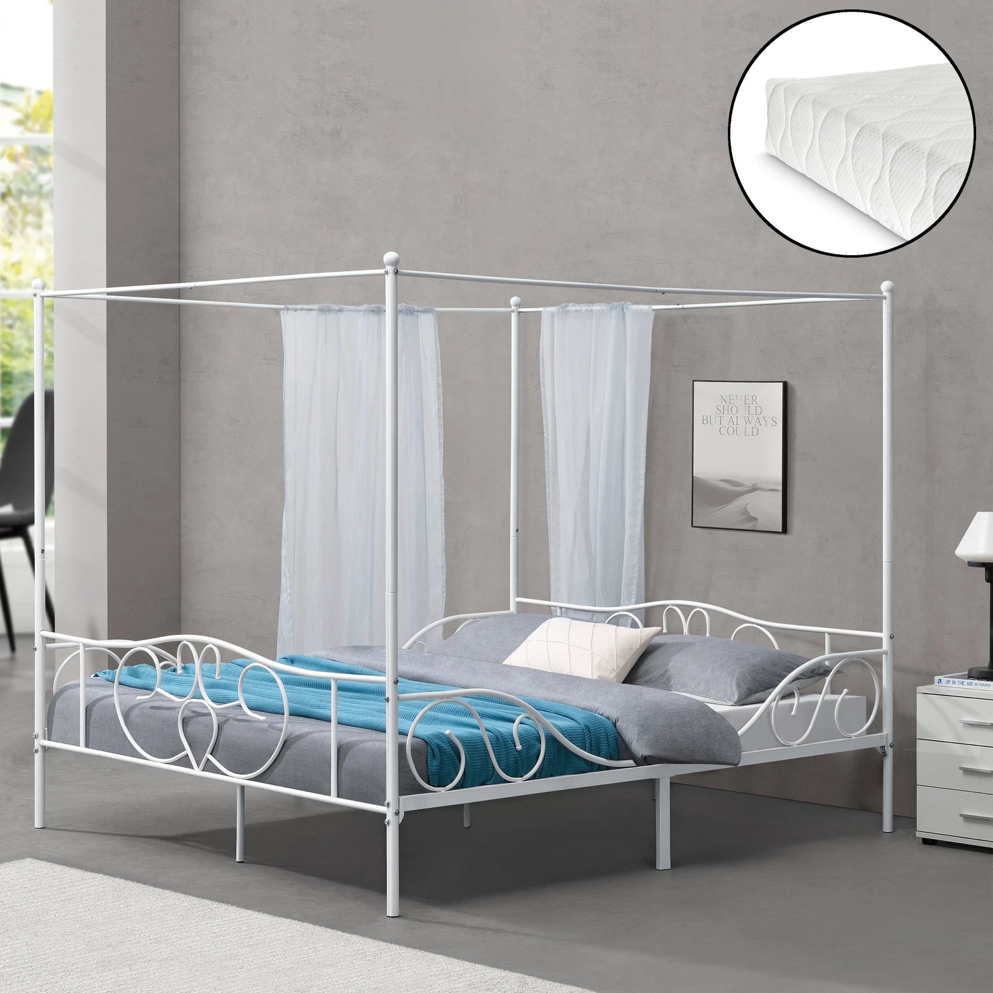 In And OutdoorMatch Metalen hemelbed Aiyana - met bedbodem en matras - 180x200 cm - wit - stabiel frame - minimalistisch design bed twee personen