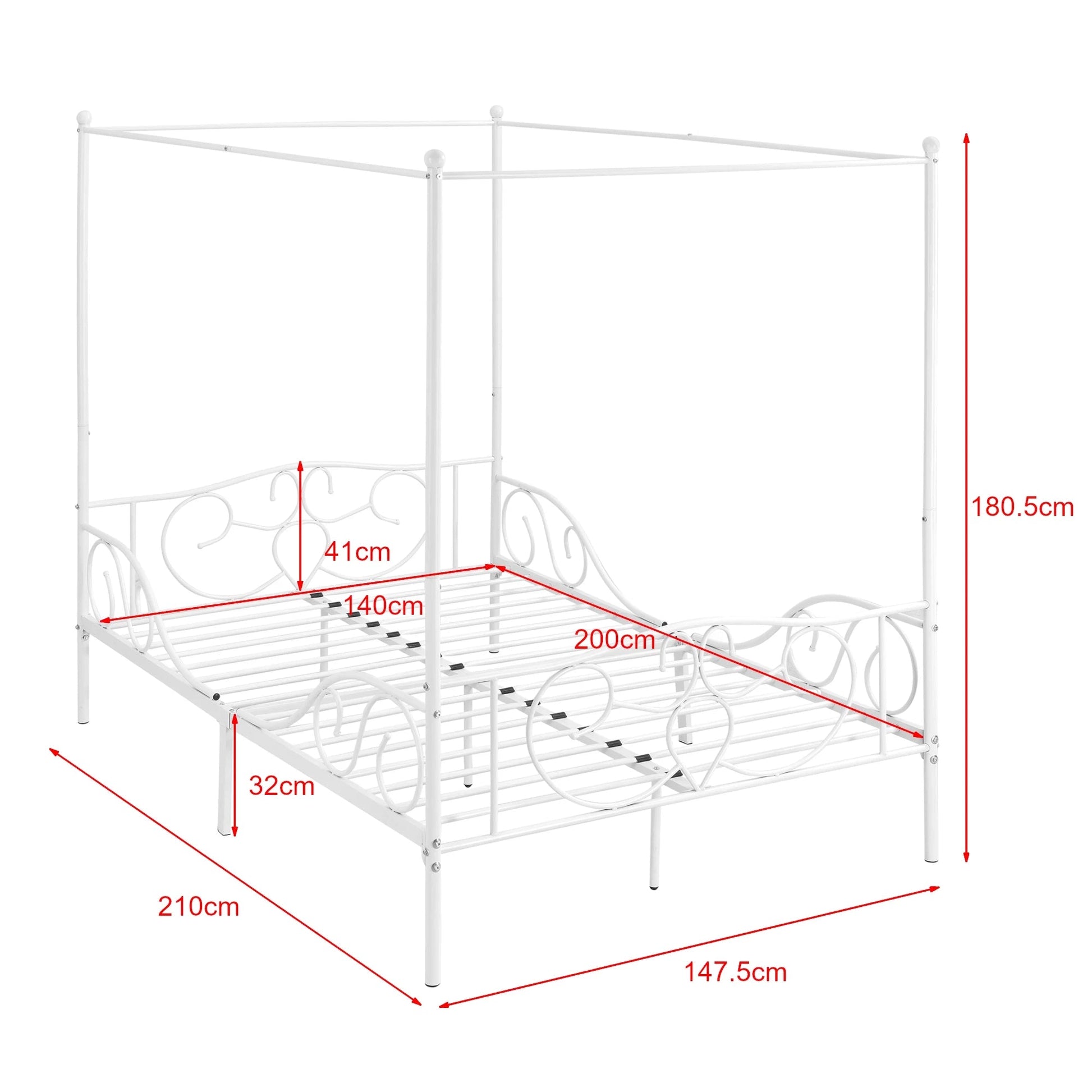 In And OutdoorMatch Metalen hemelbed Reyna - met bedbodem en matras - 140x200 cm - wit - stabiel frame - minimalistisch design Eén persoon slapen