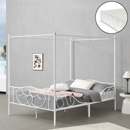 In And OutdoorMatch Metalen hemelbed Reyna - met bedbodem en matras - 140x200 cm - wit - stabiel frame - minimalistisch design Eén persoon slapen