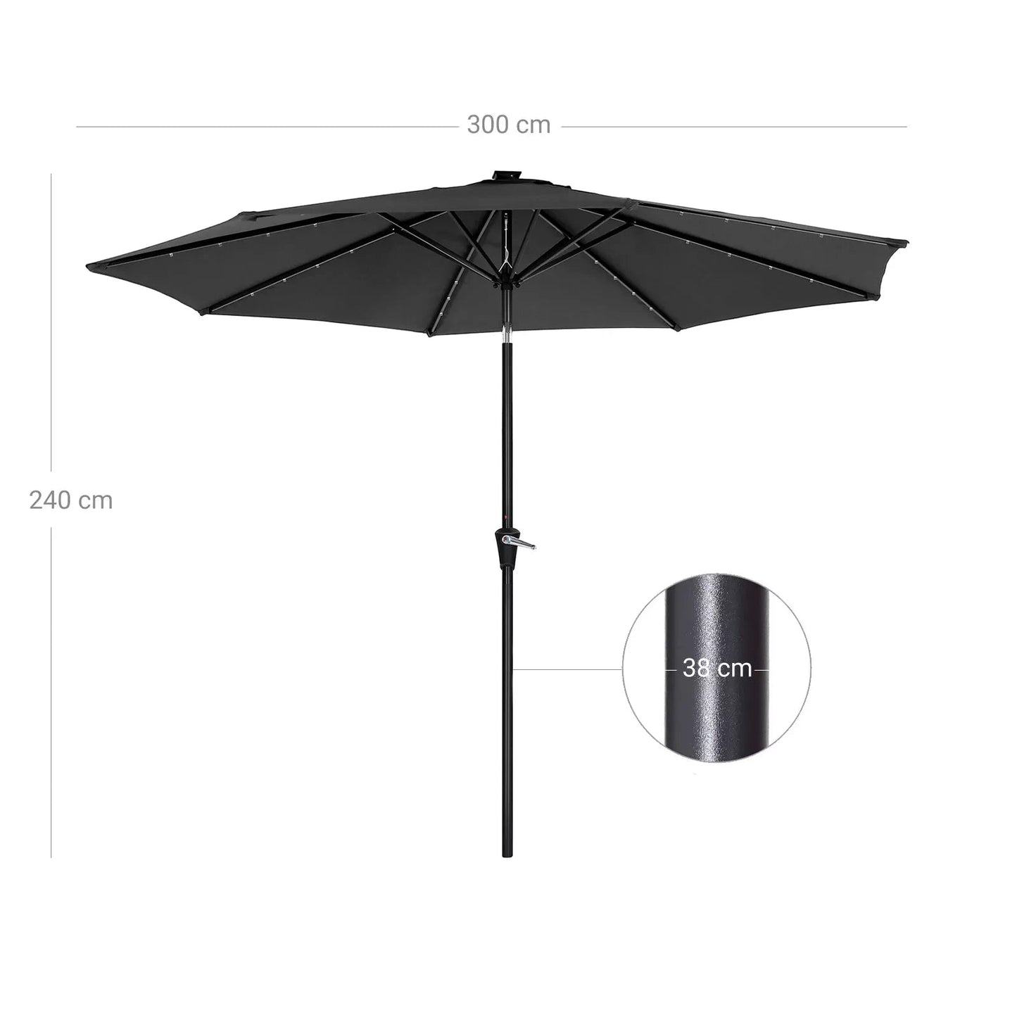 In And OutdoorMatch Parasol Justus - met LED Solar Verlichting - Tuinparasol - 270 cm - UV bescherming tot UPF 50+ - Opvouwbaar - Met Zwengel voor Openen en Sluiten - Zonder Standaard - Zwart Sunshade